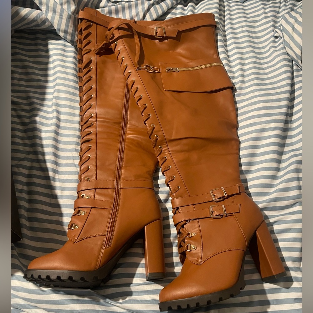 NIB Shoe Dazzle Ex Wide Thigh High Faux Leather Heeled boots